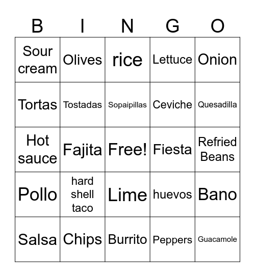 Mexican Restaurant Bingo Card