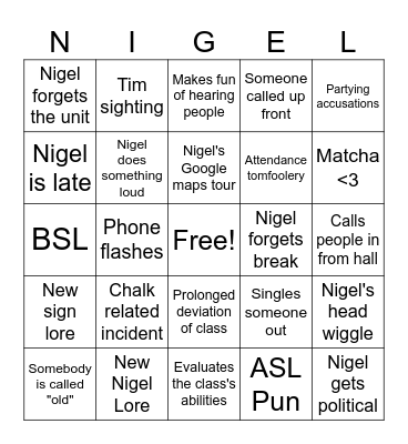 Nigel Bingo Card