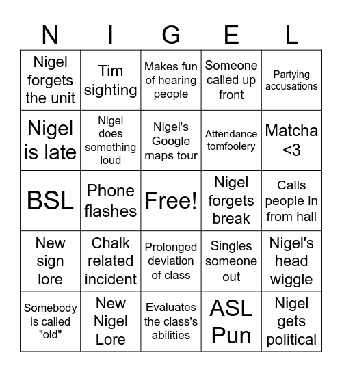 Nigel Bingo Card