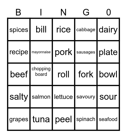 food and cooking bingo Card