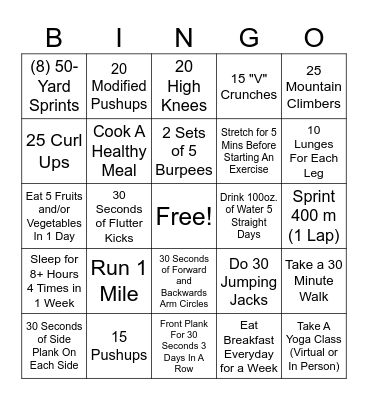 January Physical Fitness Test Prep Card Bingo Card