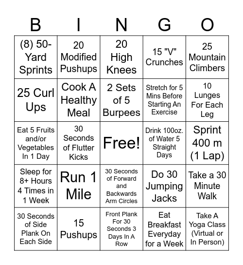 January Physical Fitness Test Prep Card Bingo Card