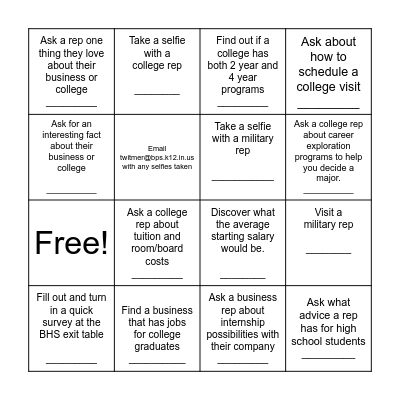 BHS College and Career Fair "Connect 4" Bingo Card
