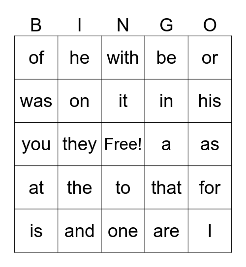 First grade bingo Card