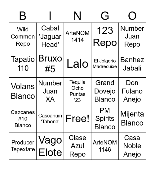 Tequila/Mezcal Bingo Card