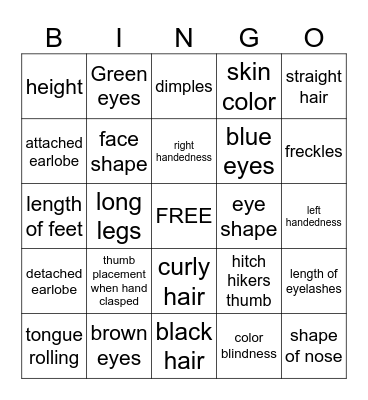 Inherited traits Bingo Card