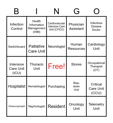 Hospital Units, Departments, and Providers Bingo Card