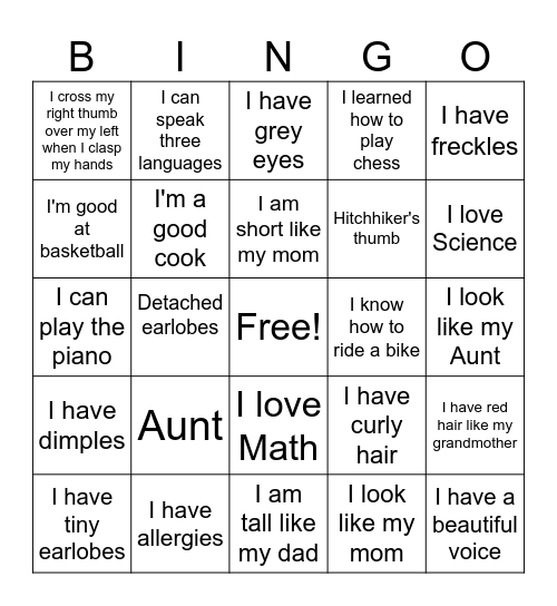 Inherited Traits vs Acquired Traits Bingo Card