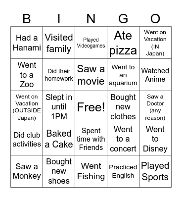 'What did you do over holiday' BINGO Card