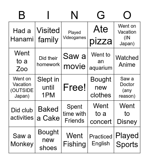 'What did you do over holiday' BINGO Card