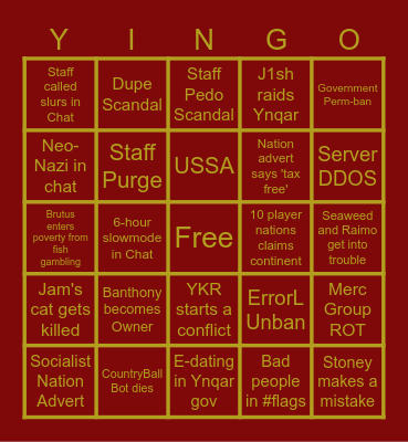 Silly Ynqar Bingo Card