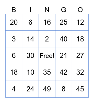 Multiplication Bingo Card