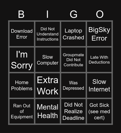 GenZ Finals Bingo Card