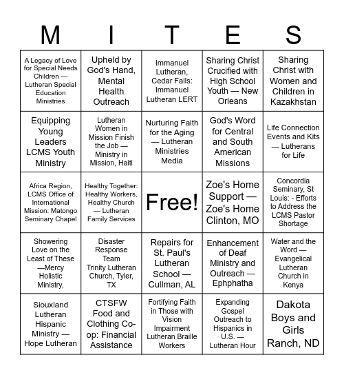 M - I - T - E - S Bingo Card