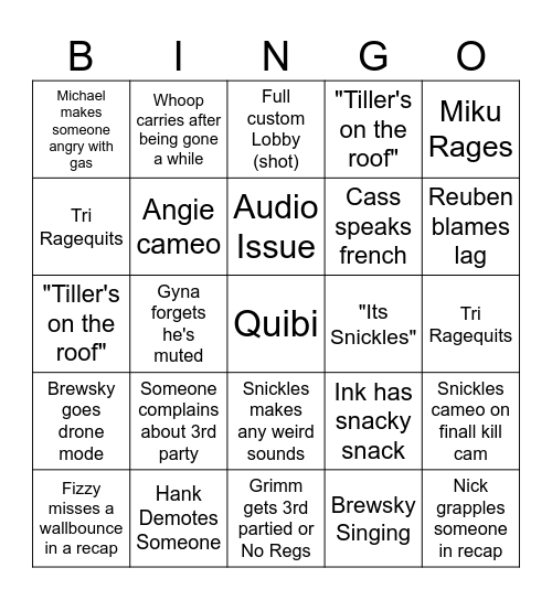 CUSTARD Bingo Card