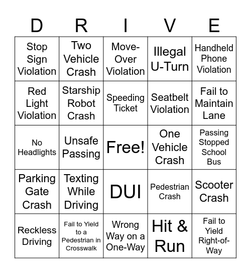 Distracted Driving Awareness Bingo! Bingo Card