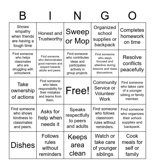 Responsibility Bingo! Bingo Card