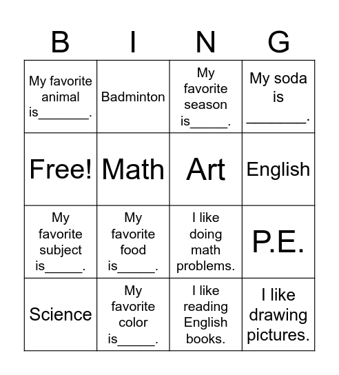 My favorite subject is Bingo Card