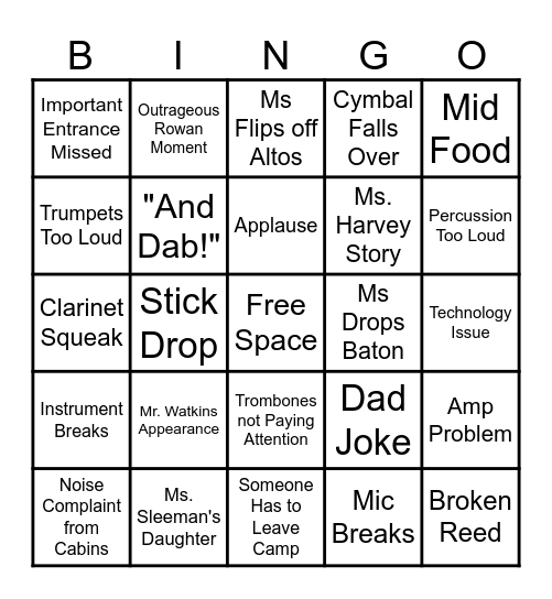 Symphonic Band 2024 Music Camp Bingo Card