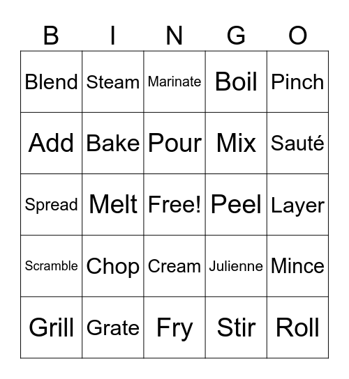 Food Prep Bingo Card