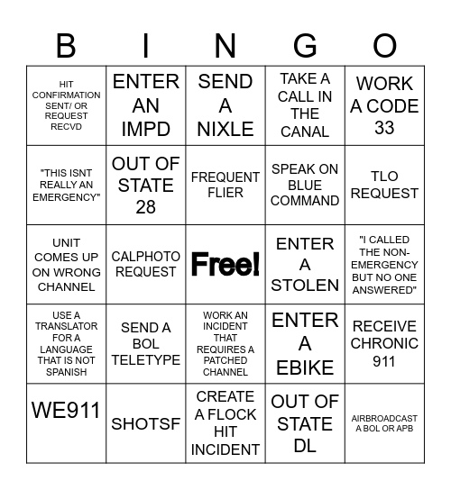 DISPATCH WEEK # 1 Bingo Card