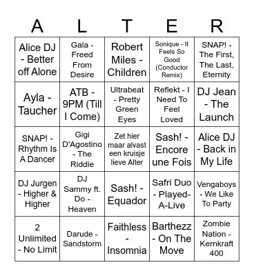 90's Eurotrance Bingo Card