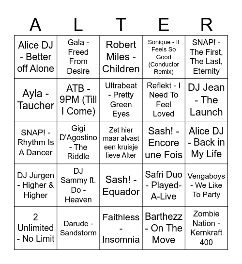 90's Eurotrance Bingo Card