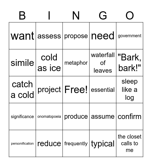 Vocabulary Bingo Card