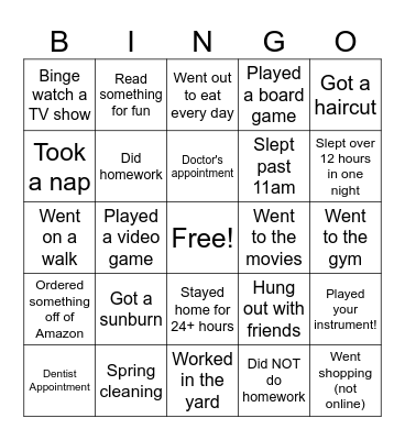 Spring Break Bingo Card