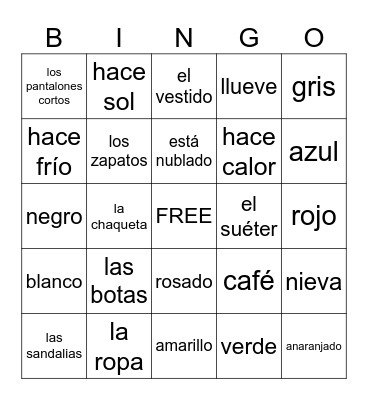 La ropa, los colores y el tiempo Bingo Card