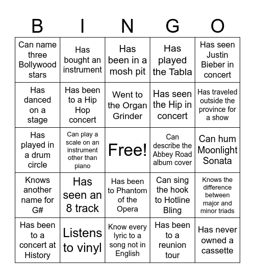 Music Bingo Card