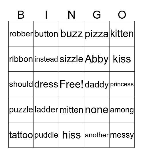 bb, dd,tt Bingo Card