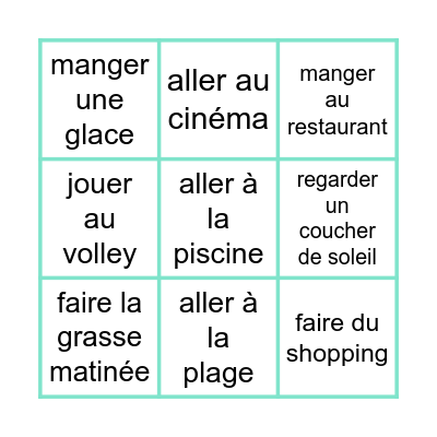 Qu'est-ce que tu fais pendant les vacances ? Bingo Card