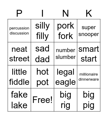 Hinks Pinks Bingo Card