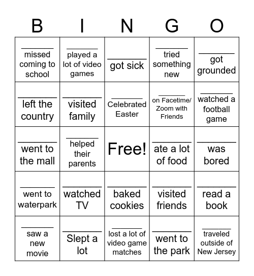 What did you do over break? Bingo Card