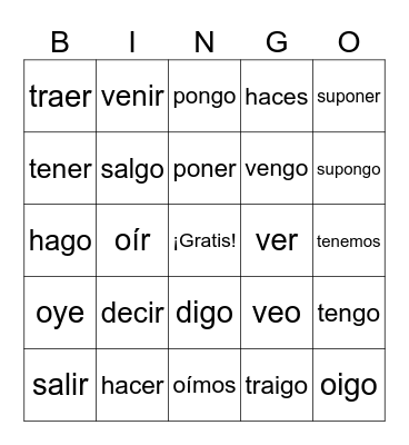 Verbs with irregular yo forms Bingo Card