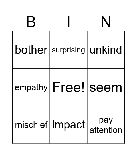 Vocabulary Bingo Card