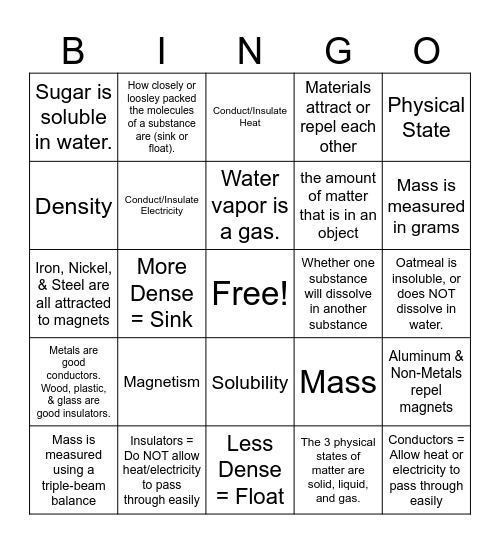 5.5A: Classify Matter Bingo Card