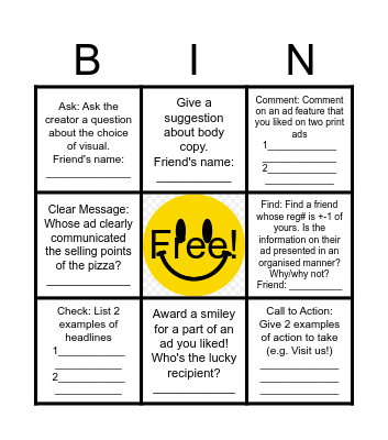 Cheesy Pizza Print Ad Bingo Card