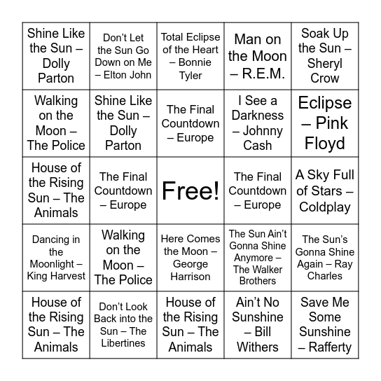 Solar Eclipse Music Bingo! Bingo Card