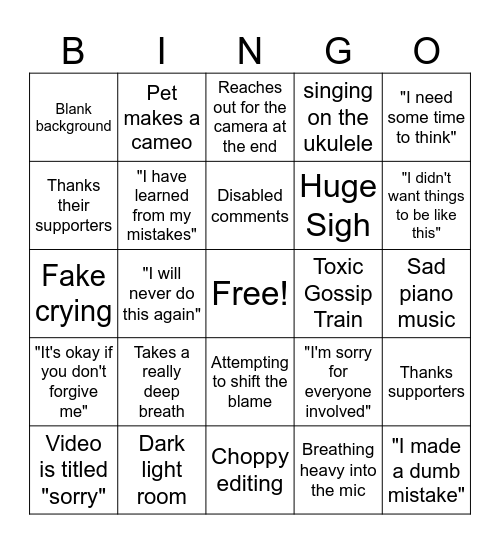 Apology videos Bingo Card