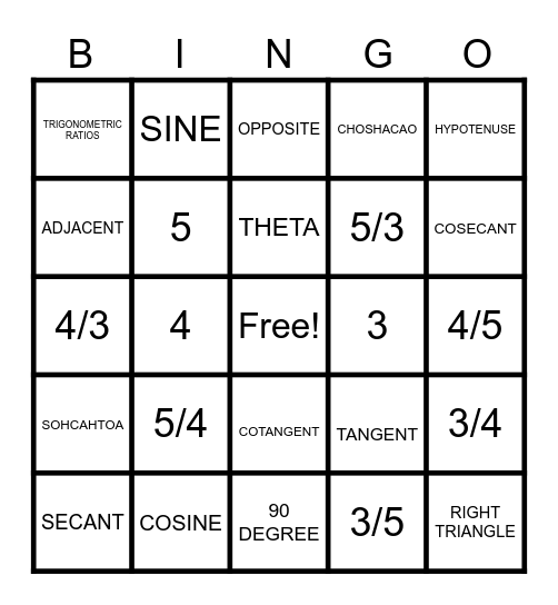 TRIGONOMETRIC RATIOS Bingo Card