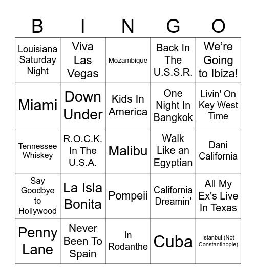 Songs About Places Bingo Card