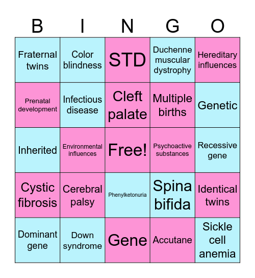 Birth Defects Vocabulary Bingo Card