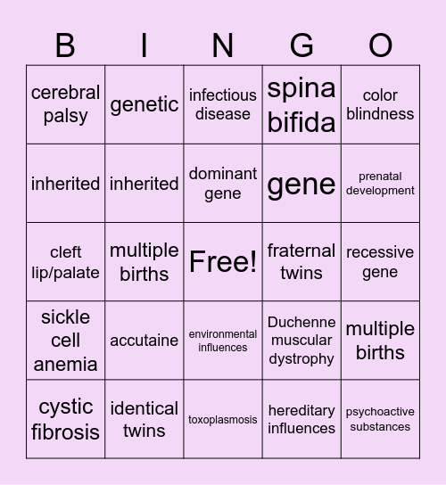 Birth Defects Bingo Card