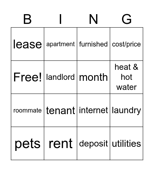 Renting an Apartment Vocabulary Bingo Card