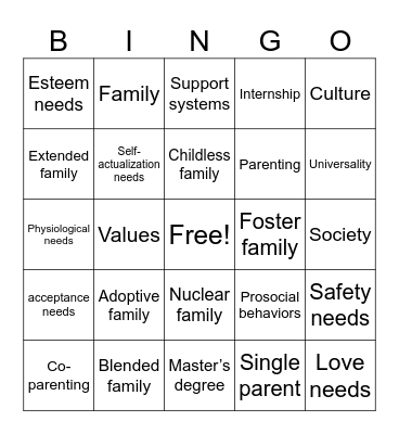 Careers in child Development Vocabulary Bingo Card