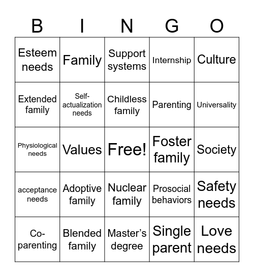 Careers in child Development Vocabulary Bingo Card