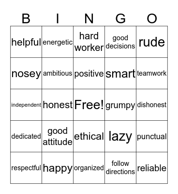 Work Behavior Bingo Card