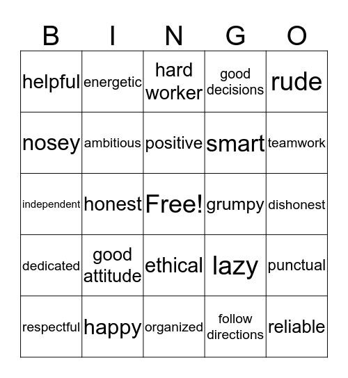 Work Behavior Bingo Card